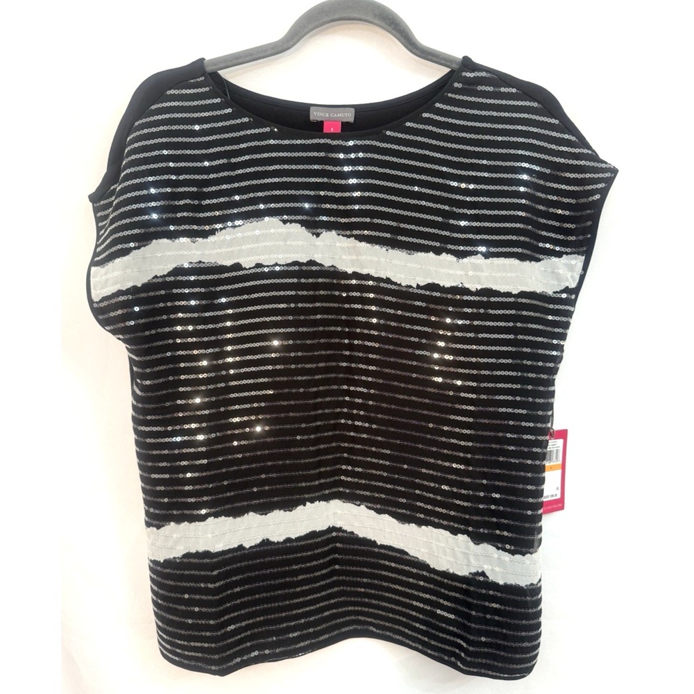 NWT Vince Camuto Black Sequin Top Blouse Womens Size S Tie Dye Striped‎